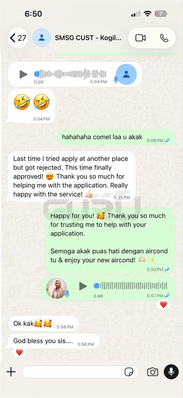 Tangkap layar WhatsApp: pelanggan berterima kasih selepas permohonan aircond diluluskan